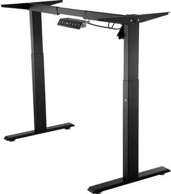 A black adjustable standing desk frame shown against a white background.