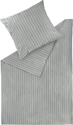 A neatly folded duvet cover and pillowcase set with a subtle pinstripe pattern.
