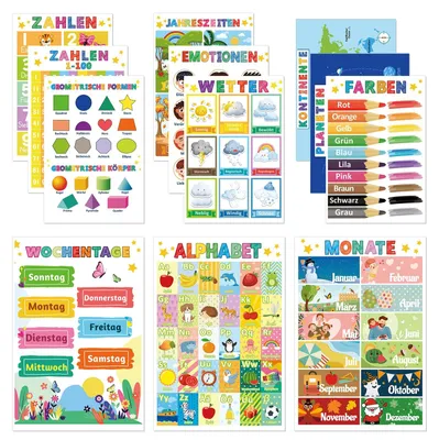 12 Lernposter A4 – Montessori Alphabet, Zahlen, Formen & mehr