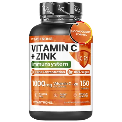 Produktbild von Vitamin C 1000mg Zink Tabletten Hochdosiert Vitastrong, Vitamin C Zink Vegan GVO-Frei, 1 Tablette/Tag (5-Monats-Vorrat) , Vit C für Immunsystem, Energie, Knochen, Haut & Stoffwechsel