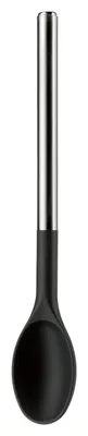 A cooking spoon with a silver handle and a black spoon head, isolated on a white background.