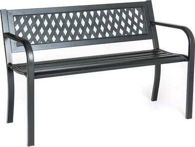 A black metal garden bench with a diamond pattern on the backrest, shown against a white background.