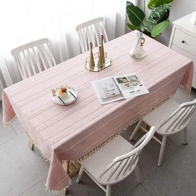 Produktbild von DigiRigi® Baumwoll‑Leinen Tischdecke, waschbar – quadratisch 140×140 cm, rosa Streifen, elegante Tischdecke mit schönem Saum für Esstisch, Kaffee- & Picknicktisch