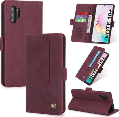 Produktbild von Galaxy Note 10 Hülle, LaimTop Retro Kunstledertasche Schutzhülle mit Kartenfach Standfunktion für Samsung Galaxy Note 10 / Note 10 5G Rot