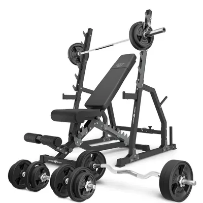 Immagine prodotto di Marbo Sport - Set MS3_2.0_113KG_G | Panca bifacciale + rastrelliera per manubri regolabile con rastrelliera di emergenza e regolazione della distanza + set di barre e piastre gommate 113 kg