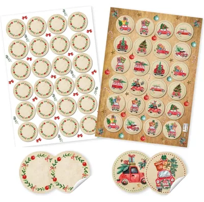 Produktbild von 2 x 24 vintage Weihnachtsaufkleber - Weihnachtstruck Sticker + blanko Ø 4 cm