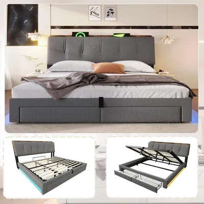 Image de Lit avec sommier tapissé, dimensions 180 x 200 cm, structure avec éclairage LED, espace de rangement hydraulique, tiroirs, ports USB et de type C, tête de lit rembourrée, couleur gris, tissu lin