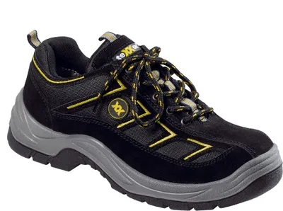 A single black and yellow safety shoe is shown against a white background.