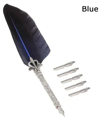 Produktbild von Vintage Kalligraphie Feder Set mit 5 Schreibfedern Tintenfeder Stift Kalligraphie-Set Unterschrift Schreibset - Farbe: Dunkelblaue Feder