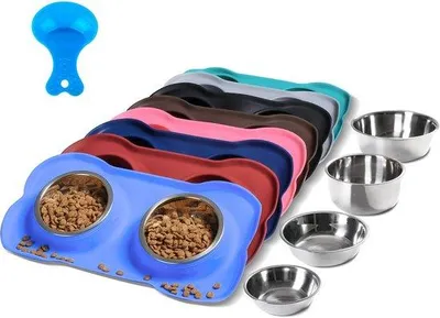 Produktbild von Hunde- und Katzenfutterer für den Haustierbesitz, aus Edelstahl gefertigt, morsfest, mit Anti-Slip-Silikonmatte und Futtereimer für Hunde, Katzen und Welpen