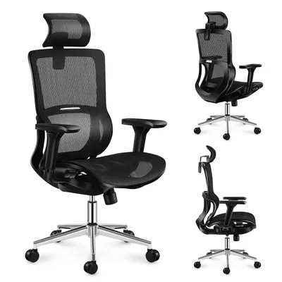 A black ergonomic office chair is shown from multiple angles against a white background.