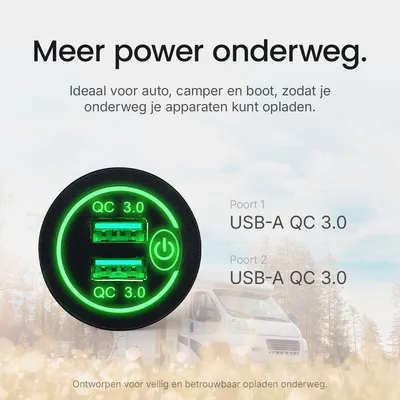 Productafbeelding van ProRide USB-A-autolader - 2 poorten - QC3.0 - 18W - Met schakelaar - Inbouw - 12V - Groen