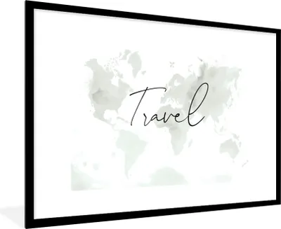Produktbild von MuchoWow® Gerahmtes Poster Weltkarte - Aquarell - Schwarz - Weiß 90x60 cm - Poster mit Schwarzem Bilderrahmen Wandposter Rahmen Foto Bilder - Wanddekoration - Fotos