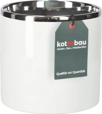 A white ceramic cylinder planter with a silver rim, shown against a white background with a product tag attached.