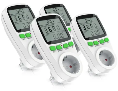 Immagine prodotto di Set di 4 misuratori di consumo energetico da inserire nella presa di corrente, con display, che misurano il consumo in kWh, la potenza in Watt e i costi. Supporta un carico massimo di 3680 Watt. Contatore di energia elettrica, 4 pezzi, colore bianco