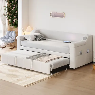 Image de Flieks Lit de jour Daybed 90x190cm avec haut-parleur Bluetooth et USB, canapé-lit avec lit gigogne, lit rembourré avec poches, velours, beige