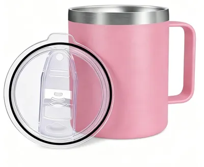 Zdjęcie produktu dla Termocup ze stali nierdzewnej, 360 ml, z uchwytem, różowy, podwójne ścianki, izolacja próżniowa, szczelny