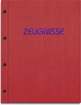 Produktbild von Zeugnismappe im roten Einband in Leinenoptik, mit hochwertigem Prägedruck in blau – handgefertigte Mappe für Zeugnisse inkl. 12 Sichthüllen