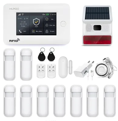 Produktbild von HUXGO HXA006 Funkalarmanlage mit 9 Bewegungsmeldern und zweiter Funksirene Modulen: WLAN + GSM 4G LTE TUYA Smart Steuerung vom Telefon, KI-generiertes Bild