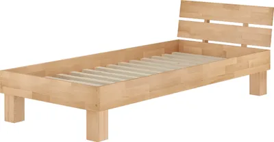 A wooden single bed frame with a slatted base and a simple headboard, shown against a white background.