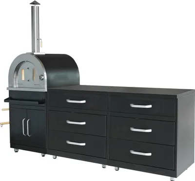Immagine prodotto di Cucina da esterno a 3 pezzi con forno per pizza nero - Oviala Memphis