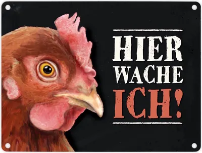 Produktbild von Metallschild mit Huhn Motiv und Spruch: Hier wache ich! Metallschild Türschild