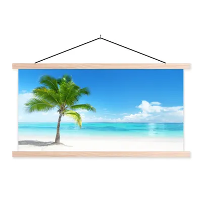 Produktbild von MuchoWow® Textilposter Palme - Strand - Meer - Sommer 120x60 cm mit holzfarbenen Rahmen - Klemmleiste