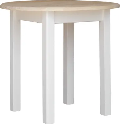 A round wooden table with white legs against a white background.