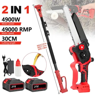 Produktbild von Akku-Hochentaster - Bürstenlose Kettensäge 20 cm - 2 m Teleskopstiel - 2 Akkus - 4900 W - Für den Gartenbaumschnitt