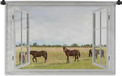 Produktbild von MuchoWow® Wandteppich Wandbehang Aussicht - Pferde - Gras 90x60 cm Tapisserie Dekoration Wandtuch - Wandskulpturen - Bildteppich