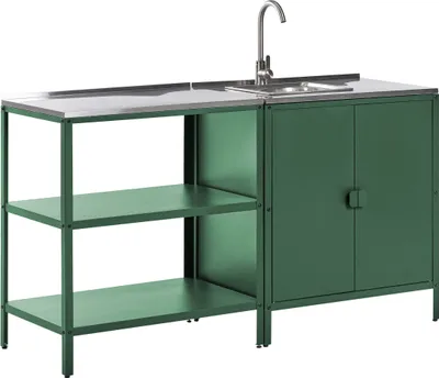 Produktbild von BELIANI Outdoor-Küche Grün Stahl 2er Set mit Spüle Edelstahlplatte Modern für Garten Draußen Außen Ausstattung Outdoor-Küchenmöbel Gartenküche