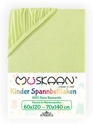 Produktbild von Müskaan Jersey Kinder Spannbettlaken 60x120 - 70x140 cm apfelgrün bis 12cm Matratzenhöhe Gummizug Bettlaken 100% Baumwolle