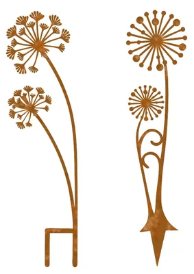 Image de Deux décorations de jardin en métal de couleur rouille, de forme allongée et représentant des pissenlits