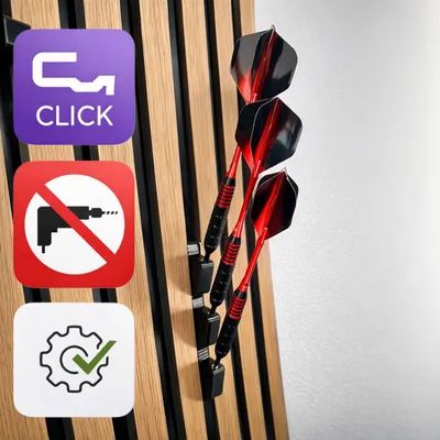 Produktbild von Click System Dart Pfeil Halter OHNE Bohren - Dart Pfeil Dartscheibe Akustikpaneele Paneel Gaderobe (Holzabstand 13-15mm)