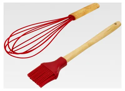 Produktbild von 2-teiliges Küchen- und Backset – Silikon Schneebesen und Pinsel mit Holzgriff (Rot)