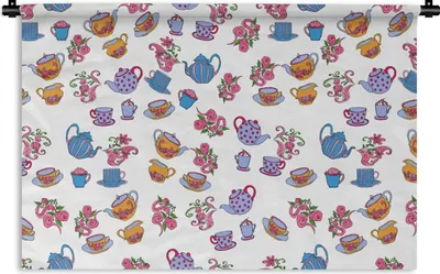 Produktbild von MuchoWow® Wandteppich Wandbehang Muster - Tee - Rosen - Teekanne 90x60 cm Tapisserie Dekoration Wandtuch - Wandskulpturen - Bildteppich