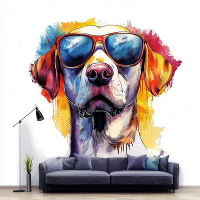 Imagen del producto de Decords: Vinilo decorativo – Labrador colorido con gafas de sol, 260 cm