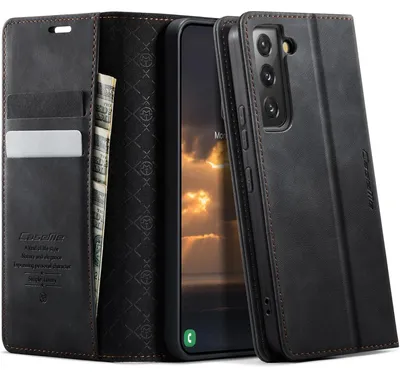 Image de Coque de protection pour Samsung Galaxy S22 5G, type étui rabattable, en cuir, avec porte-cartes RFID et fonction support, de couleur noire