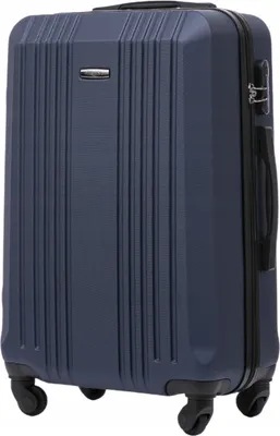 A studio shot of a dark blue suitcase.