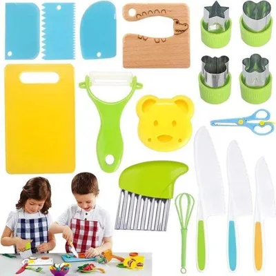 Obrázek produktu pro Dětská kuchařská sada, 17dílná, Montessori, krájecí prkénko, nůž na krájení, škrabka ve tvaru Y, vzdělávací hračky