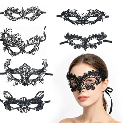 6 venezianische Spitzenmasken, schwarz, für Karneval & Halloween