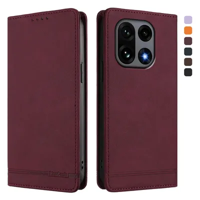 Image de Etui pour OnePlus 15, étui rétro en cuirPolyuréthaneavec support et fentes pour cartes de crédit Rouge