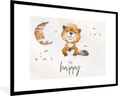 Produktbild von MuchoWow® Gerahmtes Poster Zitate - Glücklich sein - Kinder - Mond - Biber - Aquarell 90x60 cm - Poster mit Schwarzem Bilderrahmen Wandposter Rahmen Foto Bilder - Wanddekoration - Fotos