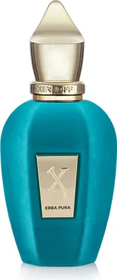 A studio shot of a turquoise perfume bottle with a gold cap and label.