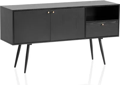Produktbild von Sideboard 140x75x40 cm Kommode Schwarz mit Eiche-Nachbildung Zeitlos, Hoher Kommodenschrank, Standschrank Wohnzimmer mit 2 Türen und Schublade, Anrichte mit offenem Fach