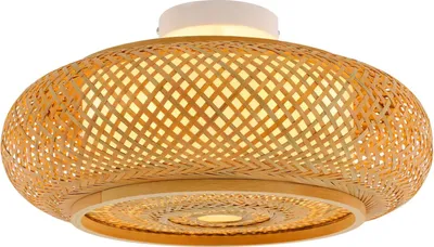 Image de Plafonnier en bambou et rotin - Plafonnier - Tissé à la main - Montage apparent - Dimensions Ø 40×14 cm - Douille 3× E27 (sans ampoule) - Surface 10–15 m² - Tension 220 V - Beige naturel