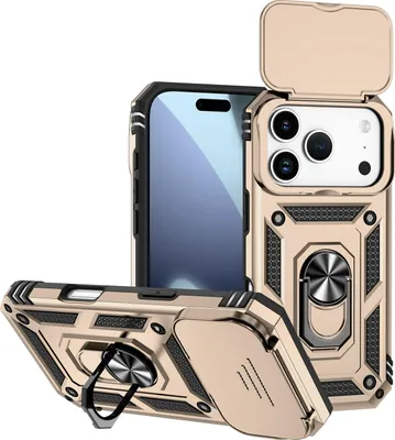 Image de Étui pour iPhone 17 Pro étui double couche avec couvercle coulissant pour appareil photo et anneau de support Or