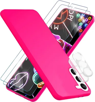 A pink phone case and screen protectors are displayed diagonally against a white background.