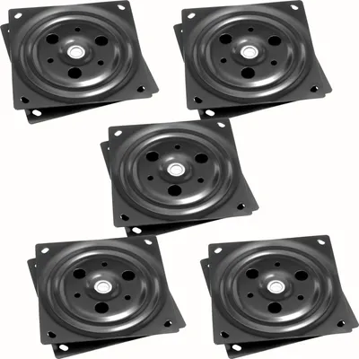 A group of five black swivel plates arranged on a white background.