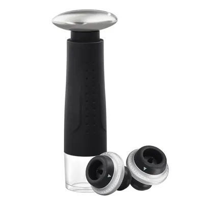A wine vacuum pump with two stoppers shown against a white background.